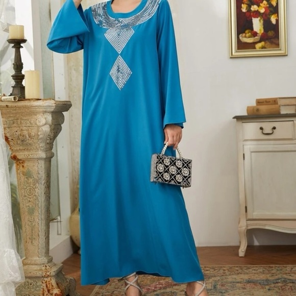 SHEIN Turquoise Abaya dress maxi dress with sequin Modest Islamic dress - Picture 1 of 8